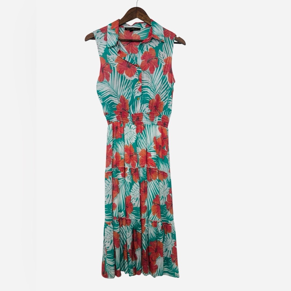 Alex & Parker Hibiscus Sleeveless Tiered Midi Dress Small Hawaiian Boho Vacay - Picture 2 of 14